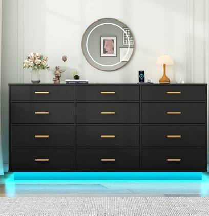 12 Drawers Dresser w/Power Outlet, LED Lights